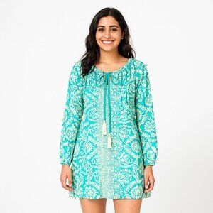 Taj by Sabrina Crippa Green Embroidered Tiered Mini Dress Long Sleeve Size Small